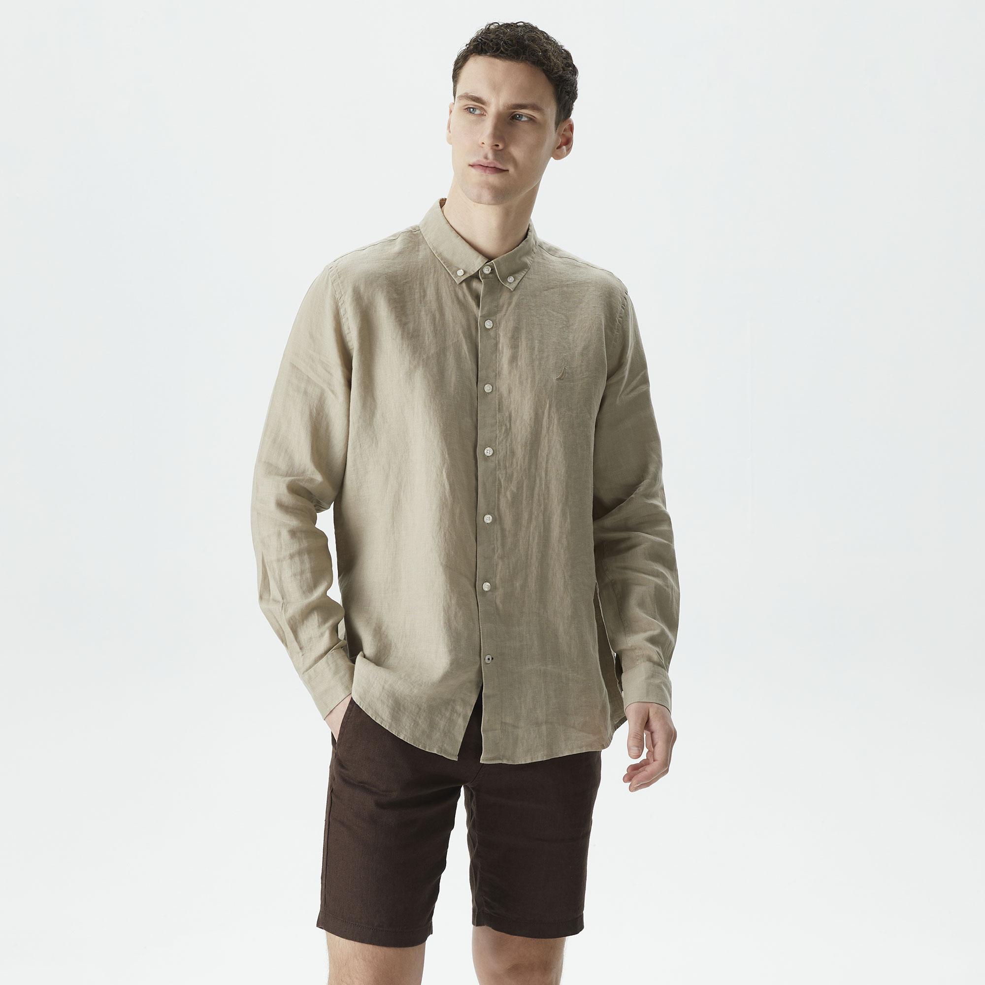 Nautica Erkek Bej Classic Fit Uzun Kollu Keten Gömlek