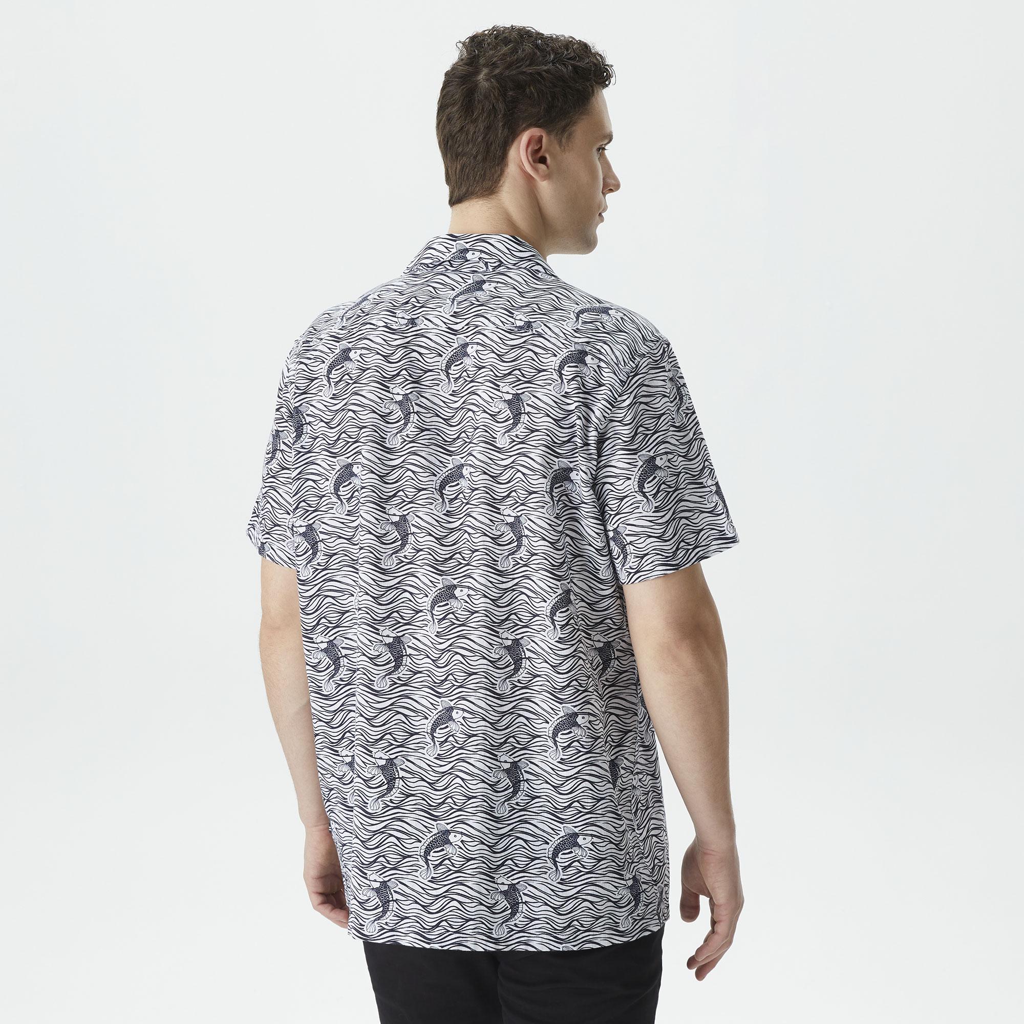 Nautica Erkek Beyaz Classic Fit Kısa Kollu Desenli Keten Gömlek