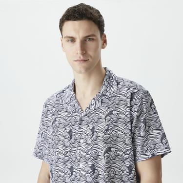  Nautica Erkek Beyaz Classic Fit Kısa Kollu Desenli Keten Gömlek