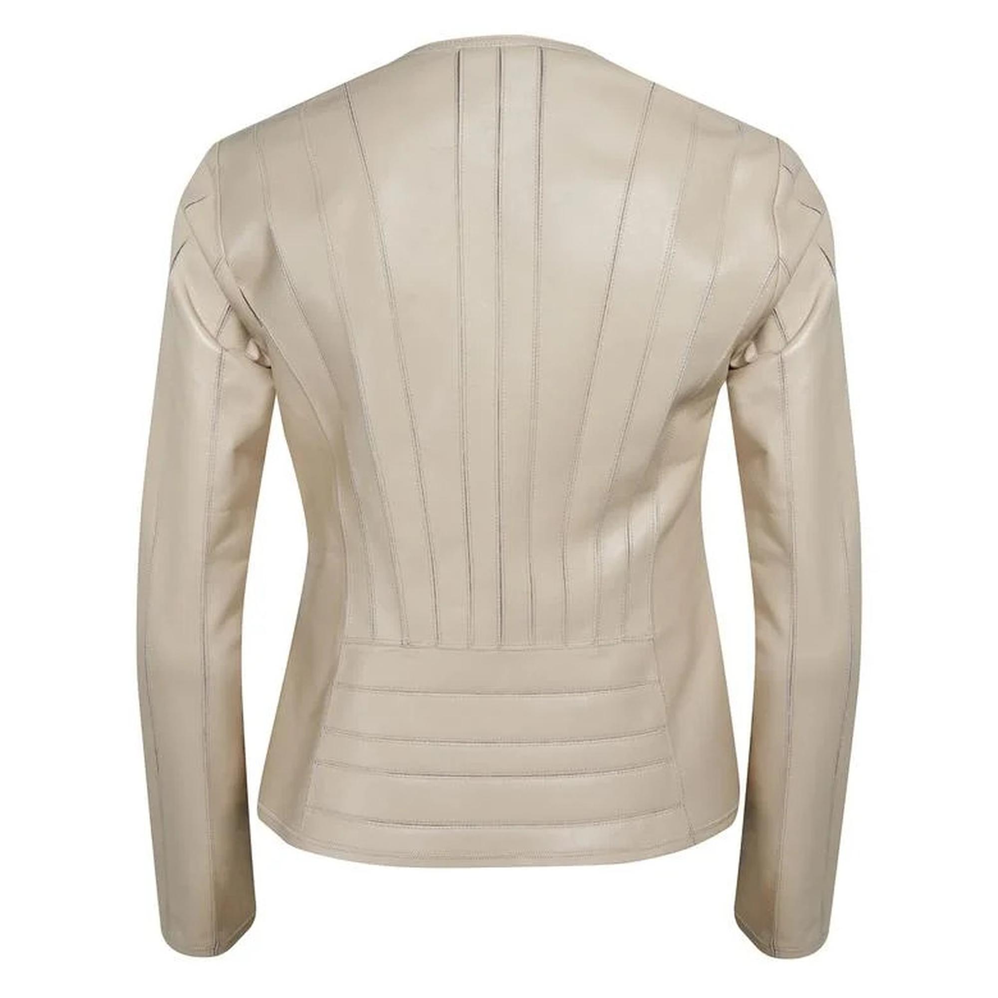 Deundria Bej Kadın Fit Panelli Deri Ceket