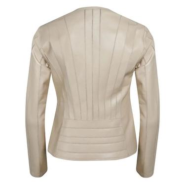  Deundria Bej Kadın Fit Panelli Deri Ceket