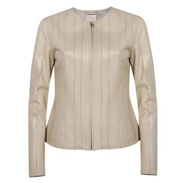  Deundria Bej Kadın Fit Panelli Deri Ceket