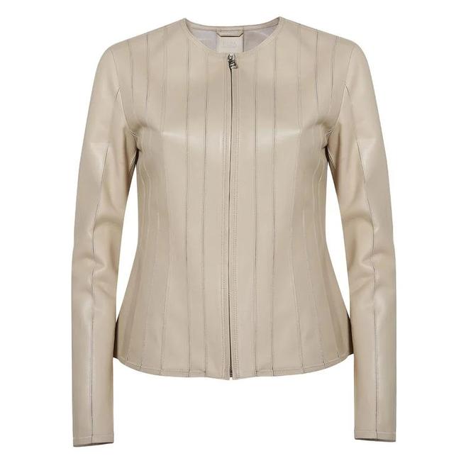  Deundria Bej Kadın Fit Panelli Deri Ceket