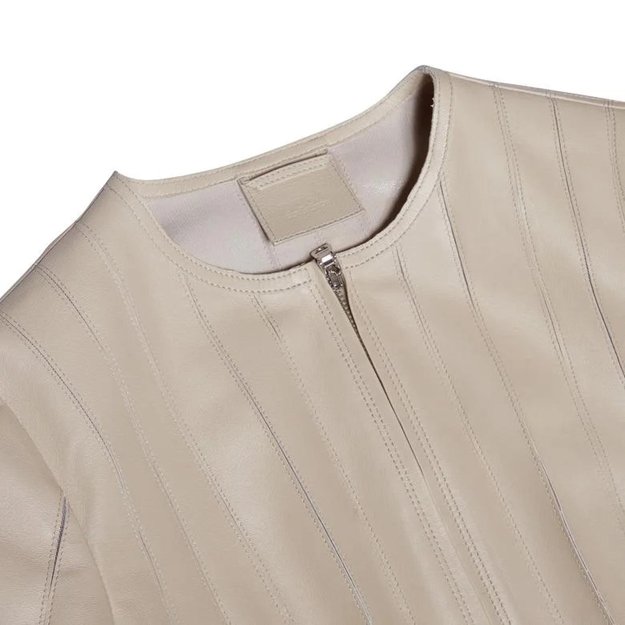 Deundria Bej Kadın Fit Panelli Deri Ceket