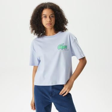  Kadın Loose Fit Bisiklet Yaka Baskılı Organik Pamuk Mavi T-Shirt