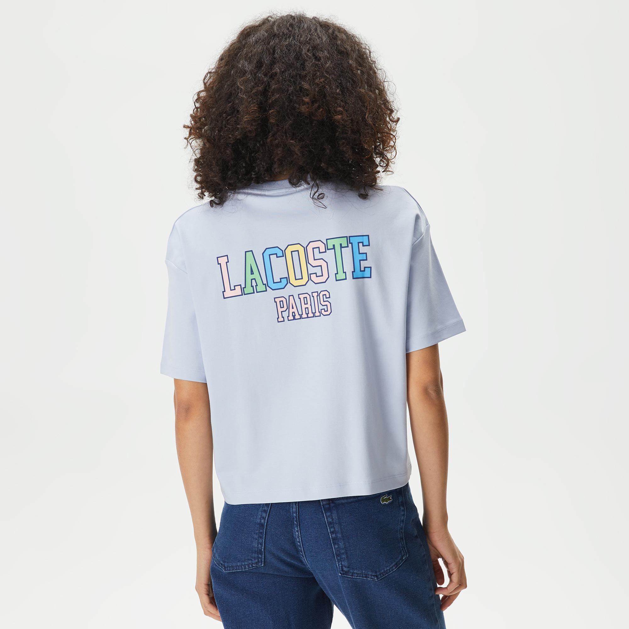 Kadın Loose Fit Bisiklet Yaka Baskılı Organik Pamuk Mavi T-Shirt