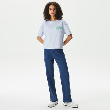  Kadın Loose Fit Bisiklet Yaka Baskılı Organik Pamuk Mavi T-Shirt