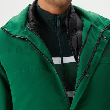  Erkek Kapüşonlu Yeşil Çıkarılabilir Yelek Detaylı Mont