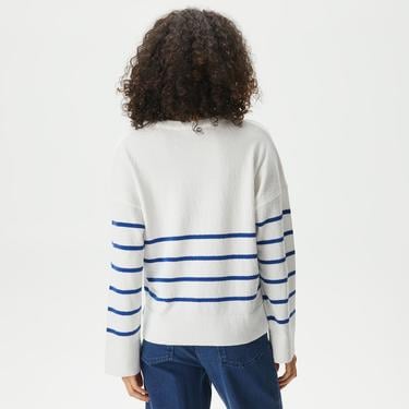  Kadın Relaxed Fit Bisiklet Yaka Çizgili Beyaz Triko