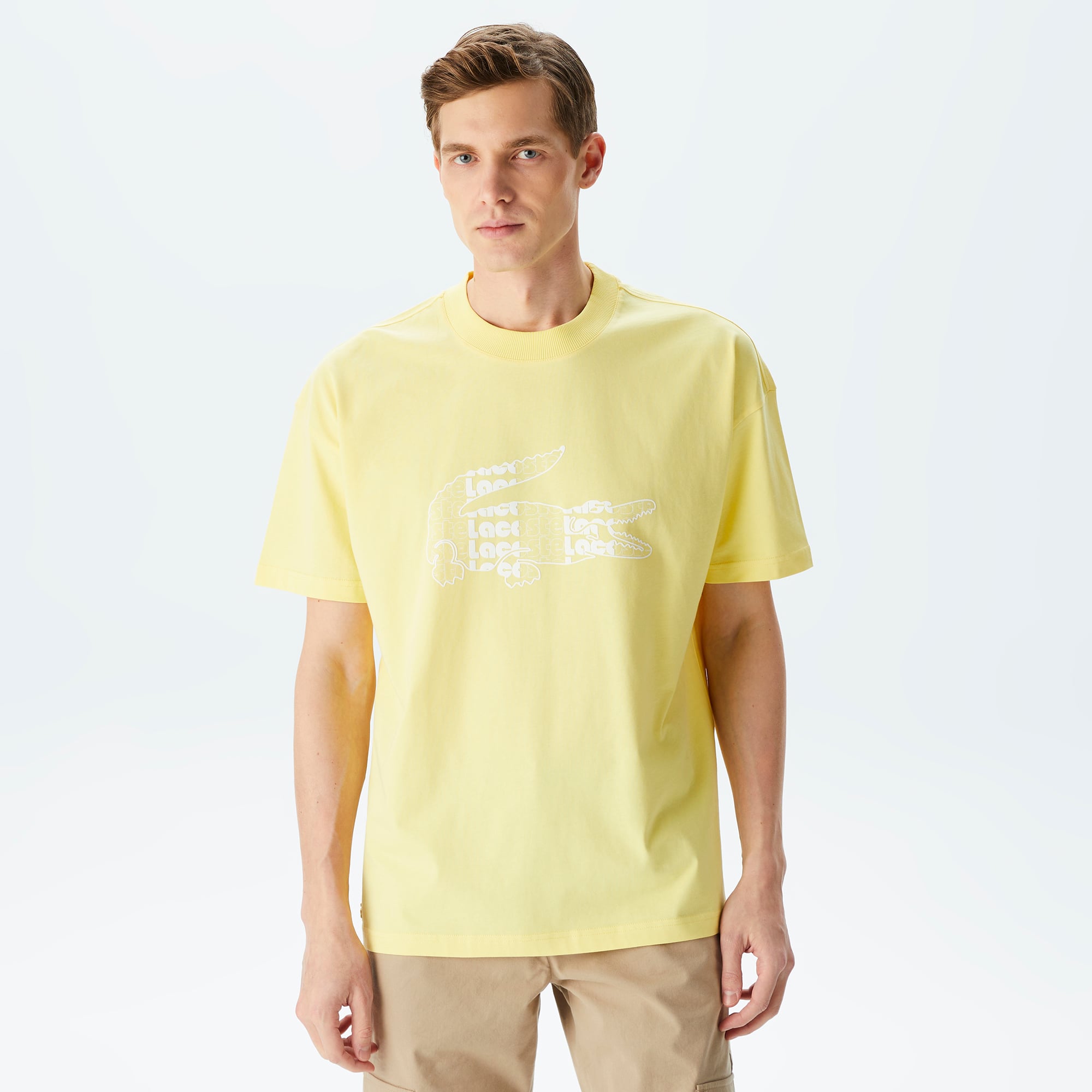  Erkek Oversize Fit Bisiklet Yaka Baskılı Sarı T-Shirt