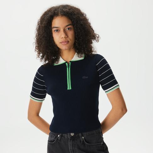  Kadın Relaxed Fit Fermuarlı Renk Bloklu Lacivert Triko