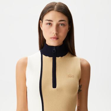  Kadın Slim Fit Fermuarlı Renk Bloklu Bej Triko