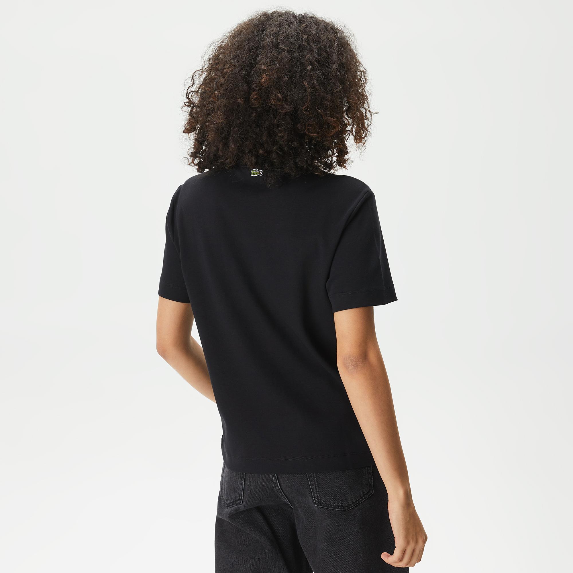 Kadın Bisiklet Yaka Baskılı Siyah T-Shirt