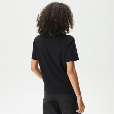  Kadın Bisiklet Yaka Baskılı Siyah T-Shirt