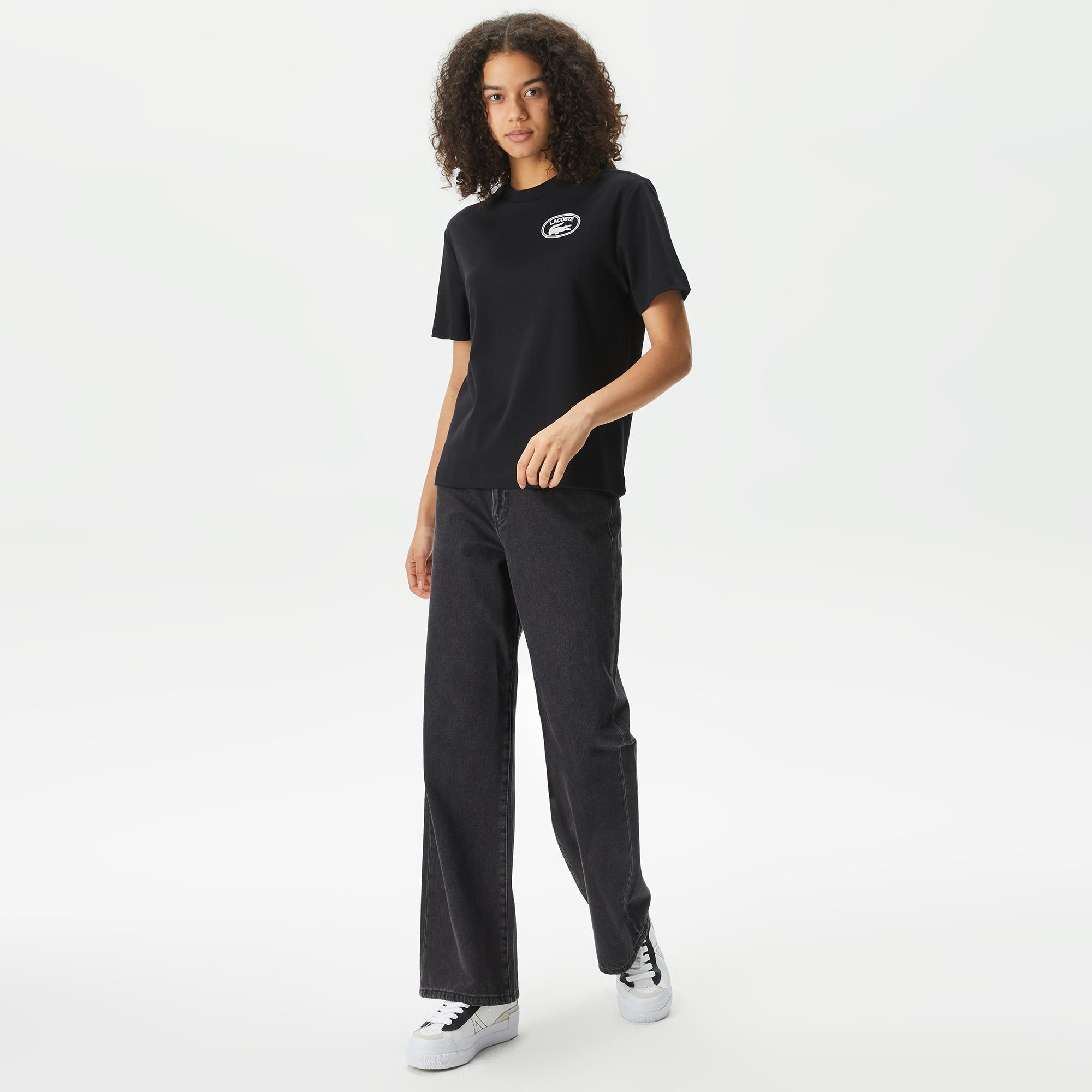 Kadın Bisiklet Yaka Baskılı Siyah T-Shirt