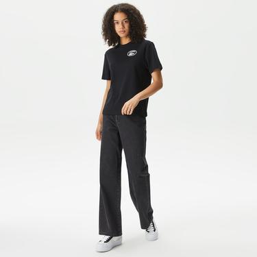  Kadın Bisiklet Yaka Baskılı Siyah T-Shirt