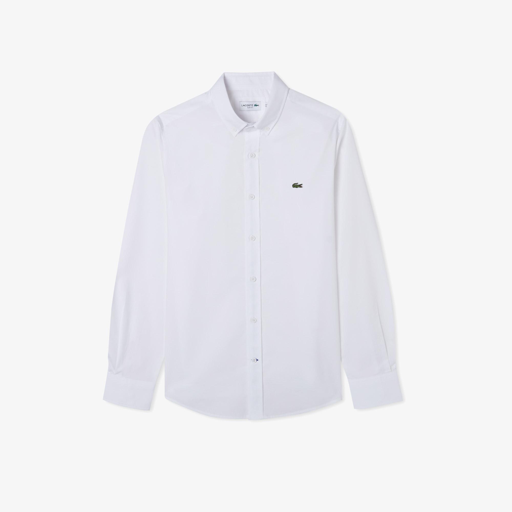 Erkek Slim Fit Düğmeli Yaka Beyaz Gömlek