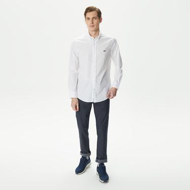  Erkek Slim Fit Düğmeli Yaka Beyaz Gömlek