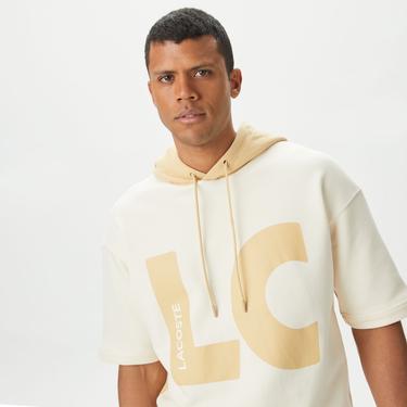  Erkek Loose Fit Kapüşonlu Baskılı Krem Sweatshirt