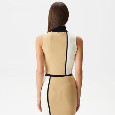  Kadın Slim Fit Fermuarlı Renk Bloklu Bej Triko