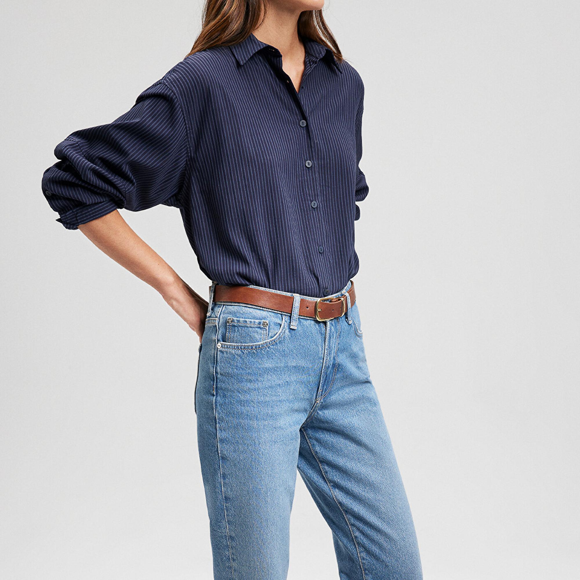 Mavi Çizgili Lacivert Gömlek Oversize / Geniş Kesim 1210878-83699