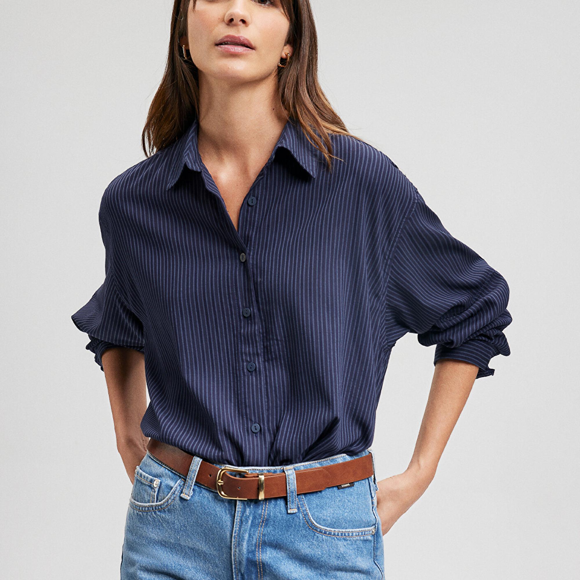 Mavi Çizgili Lacivert Gömlek Oversize / Geniş Kesim 1210878-83699