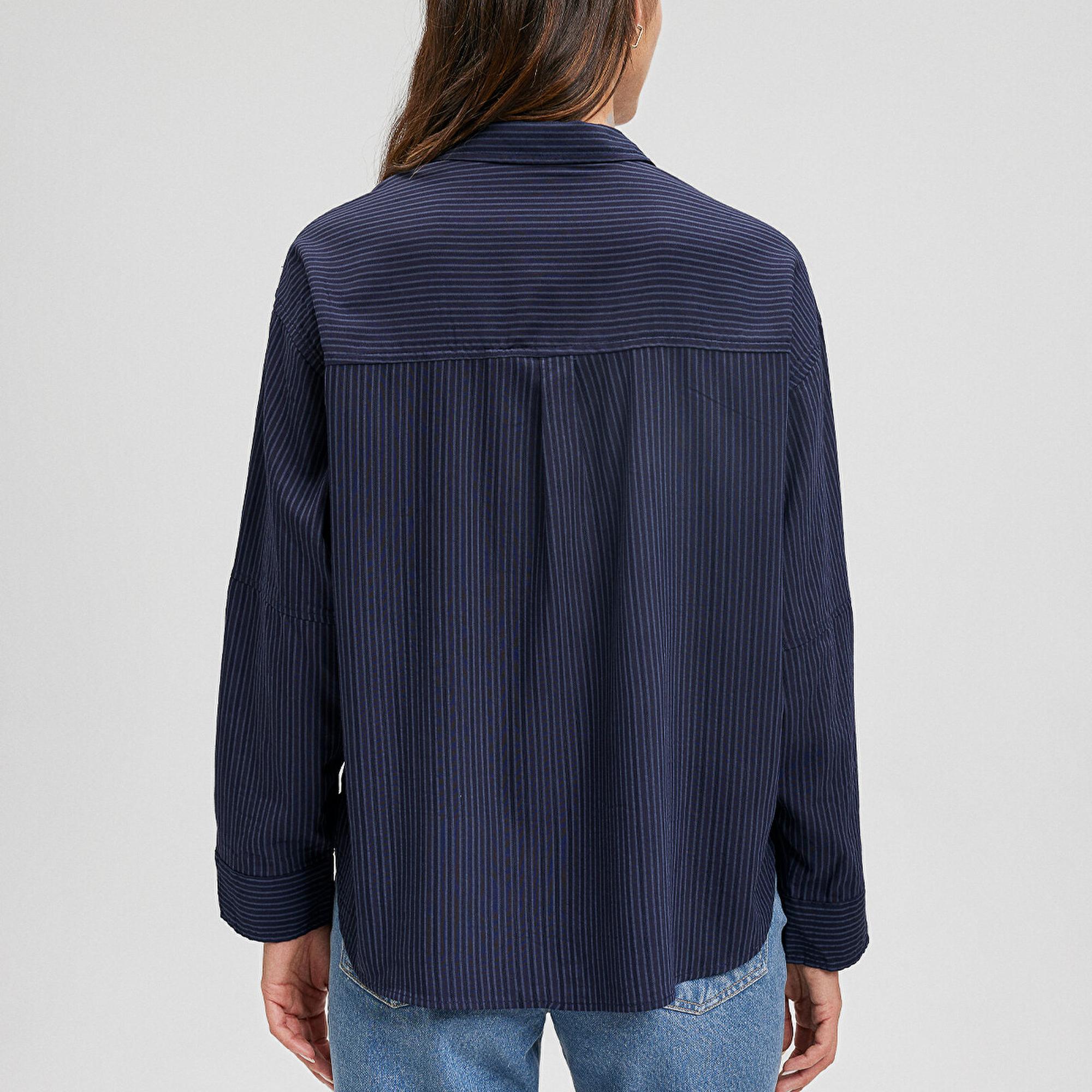 Mavi Çizgili Lacivert Gömlek Oversize / Geniş Kesim 1210878-83699