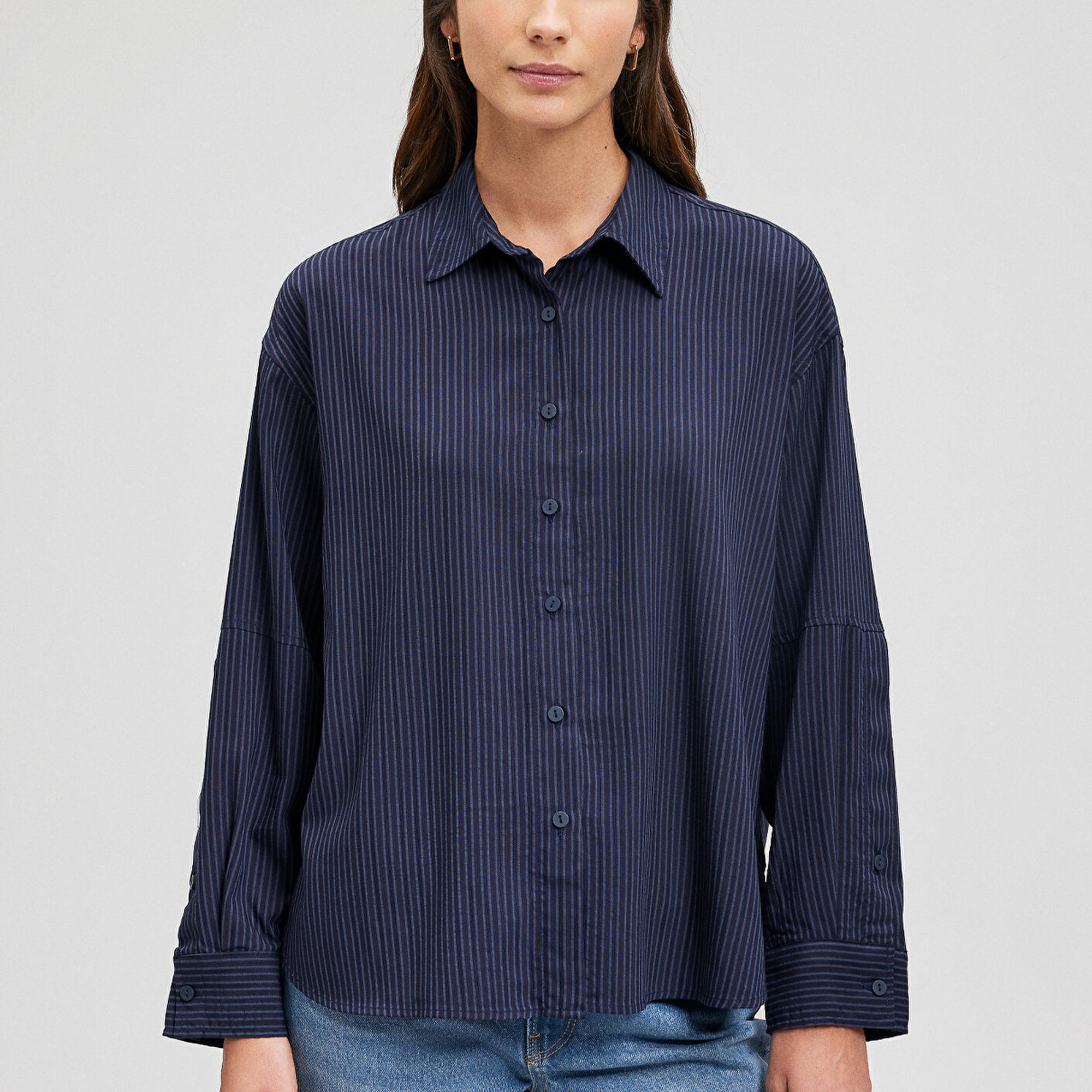 Mavi Çizgili Lacivert Gömlek Oversize / Geniş Kesim 1210878-83699