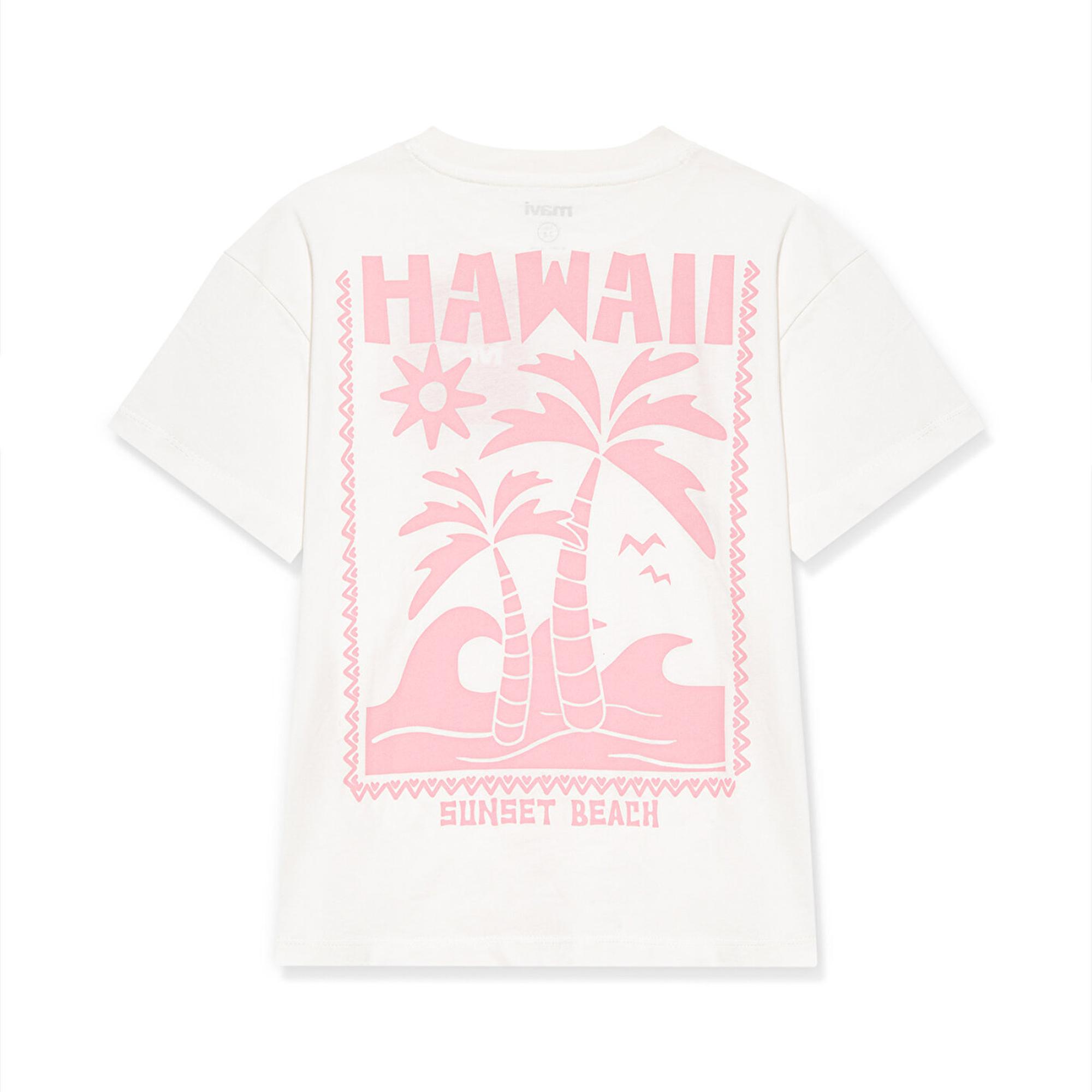 Mavi Hawaii Baskılı Beyaz Tişört Loose Fit / Bol Rahat Kesim 7610177-70057