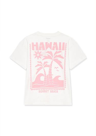  Mavi Hawaii Baskılı Beyaz Tişört Loose Fit / Bol Rahat Kesim 7610177-70057