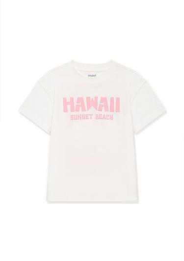  Mavi Hawaii Baskılı Beyaz Tişört Loose Fit / Bol Rahat Kesim 7610177-70057