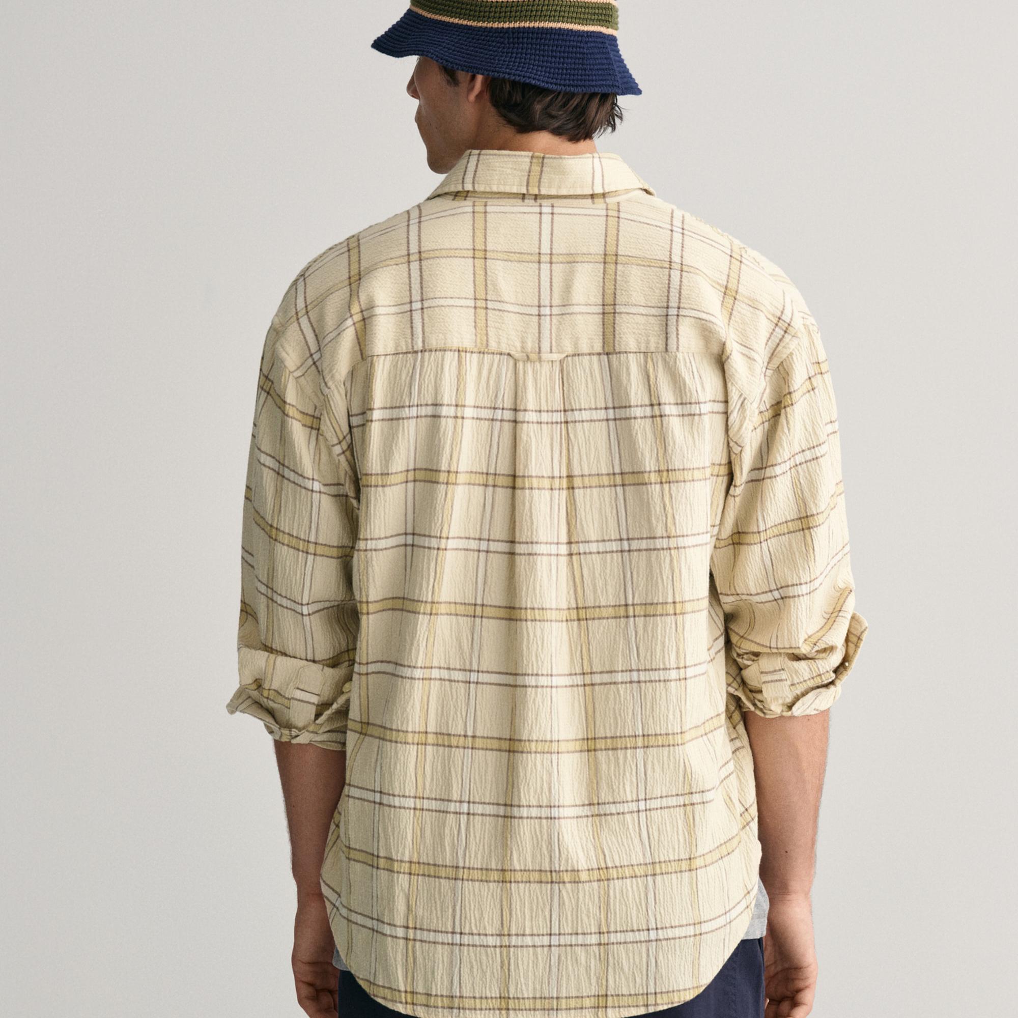 GANT Erkek Bej Oversize Fit Klasik Yaka Kareli Gömlek