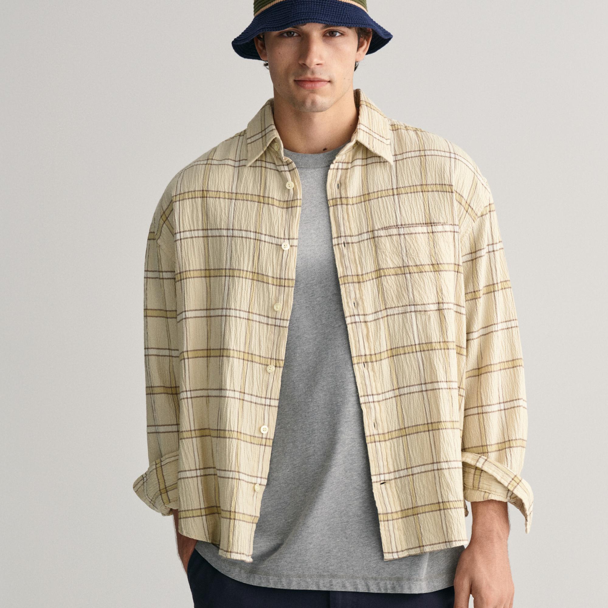 GANT Erkek Bej Oversize Fit Klasik Yaka Kareli Gömlek