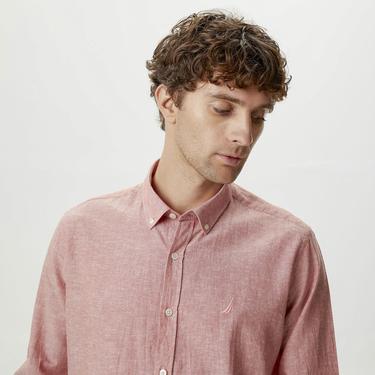  Nautica Erkek Bordo Slim Fit Uzun Kollu Keten Gömlek