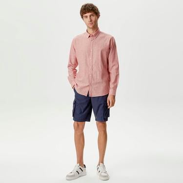 Nautica Erkek Bordo Slim Fit Uzun Kollu Keten Gömlek