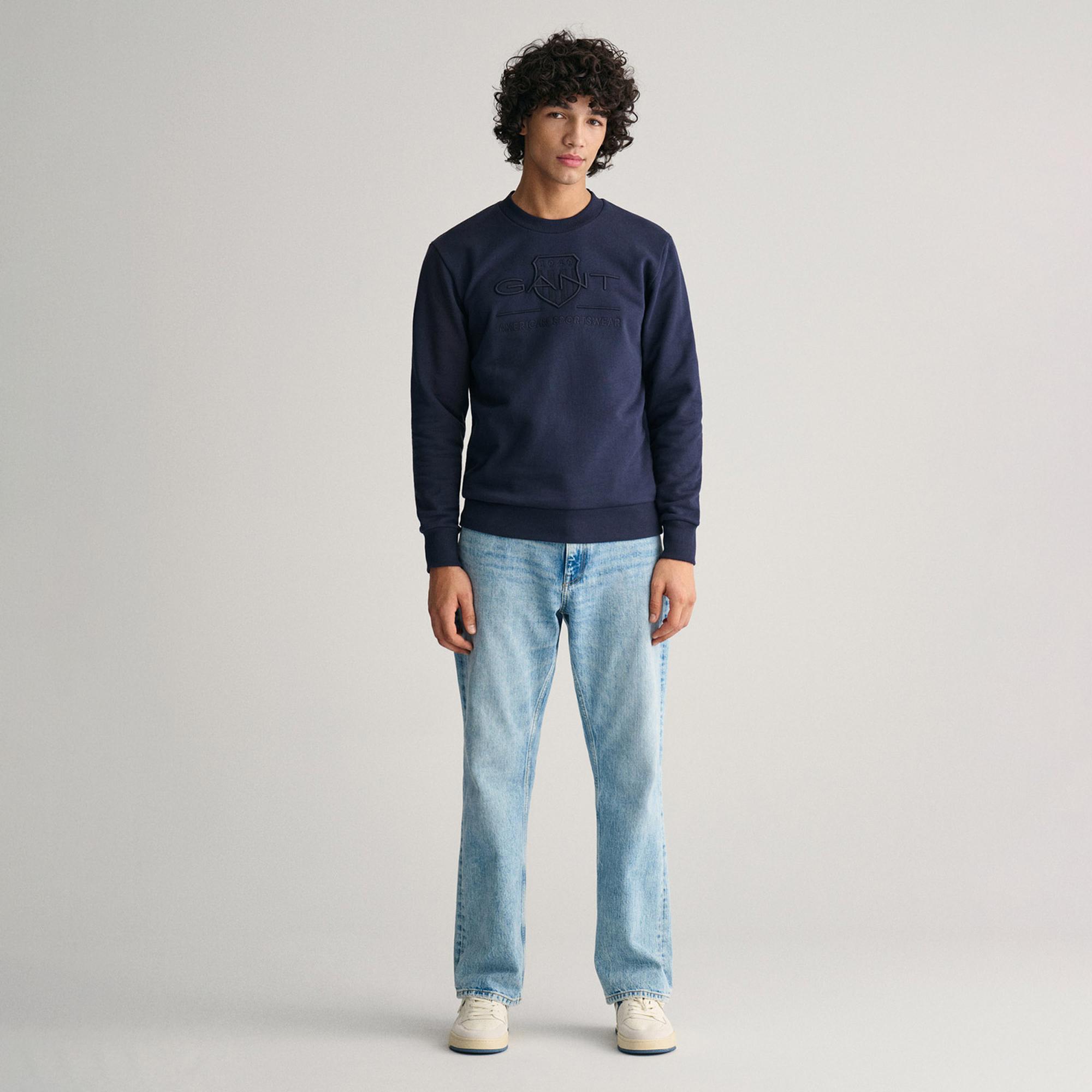GANT Erkek Lacivert Regular Fit Bisiklet Yaka Logolu Sweatshirt