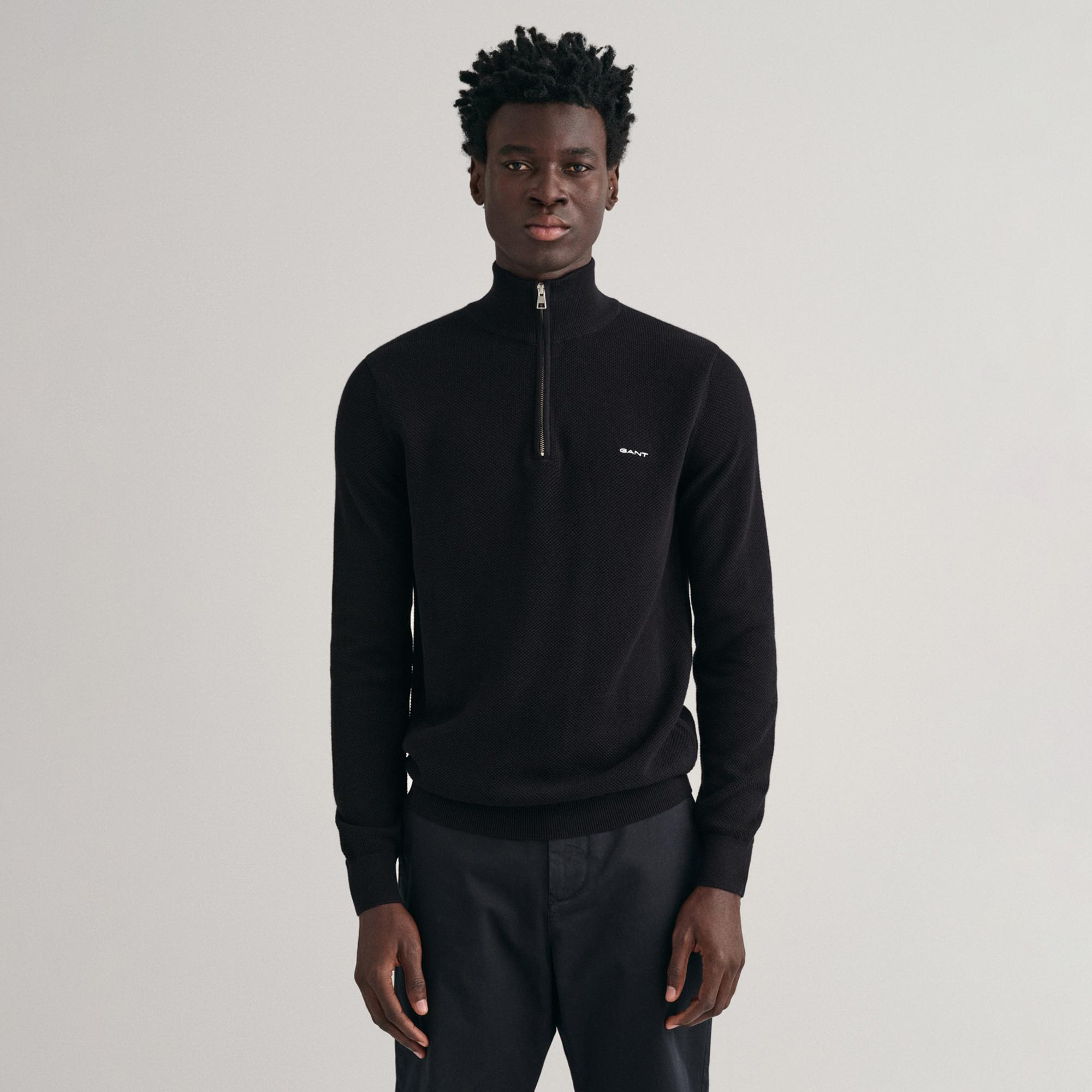 GANT Erkek Siyah Regular Fit Yarım Fermuarlı Kazak