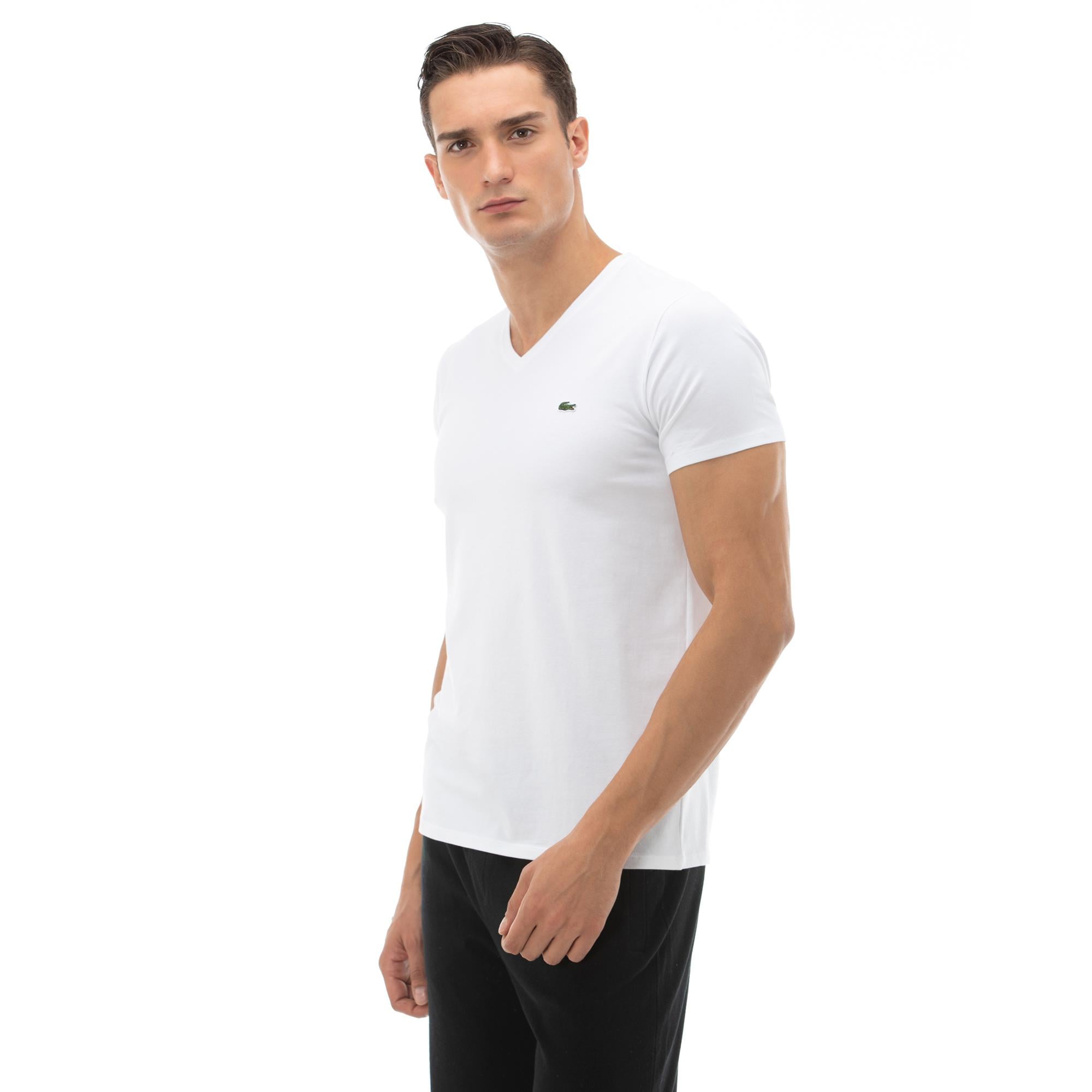 Erkek Slim Fit V Yaka Beyaz T-Shirt