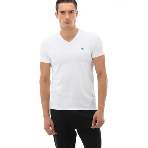  Erkek Slim Fit V Yaka Beyaz T-Shirt