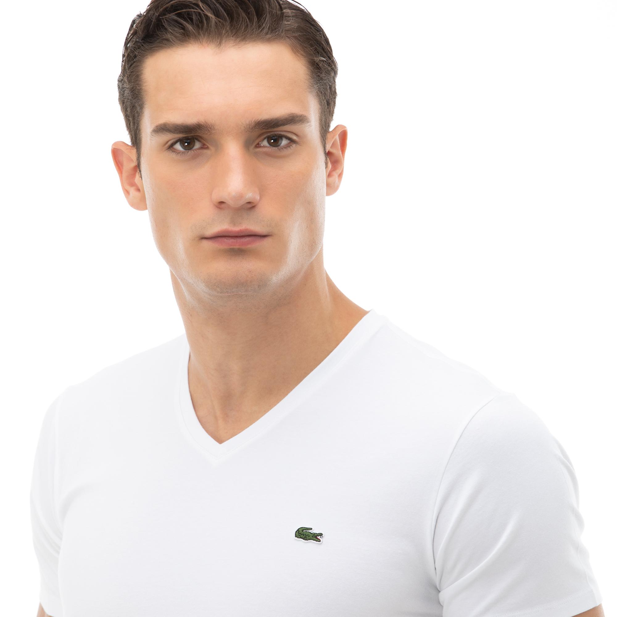 Erkek Slim Fit V Yaka Beyaz T-Shirt