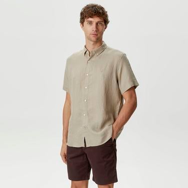  Nautica Erkek Bej Classic Fit Kısa Kollu Keten Gömlek