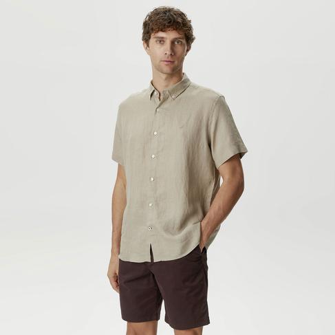  Nautica Erkek Bej Classic Fit Kısa Kollu Keten Gömlek