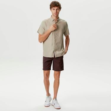  Nautica Erkek Bej Classic Fit Kısa Kollu Keten Gömlek