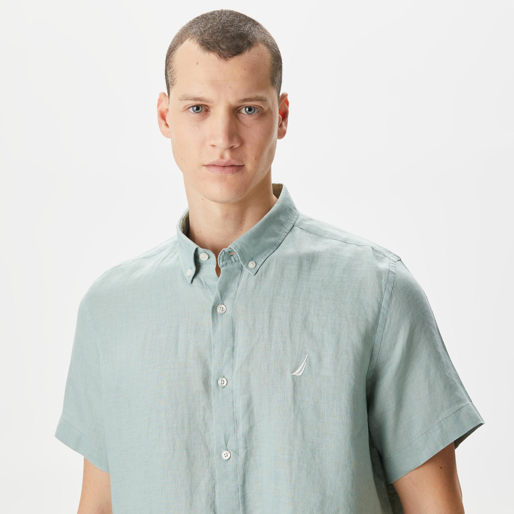 Nautica Erkek Yeşil Classic Fit Kısa Kollu Keten Gömlek