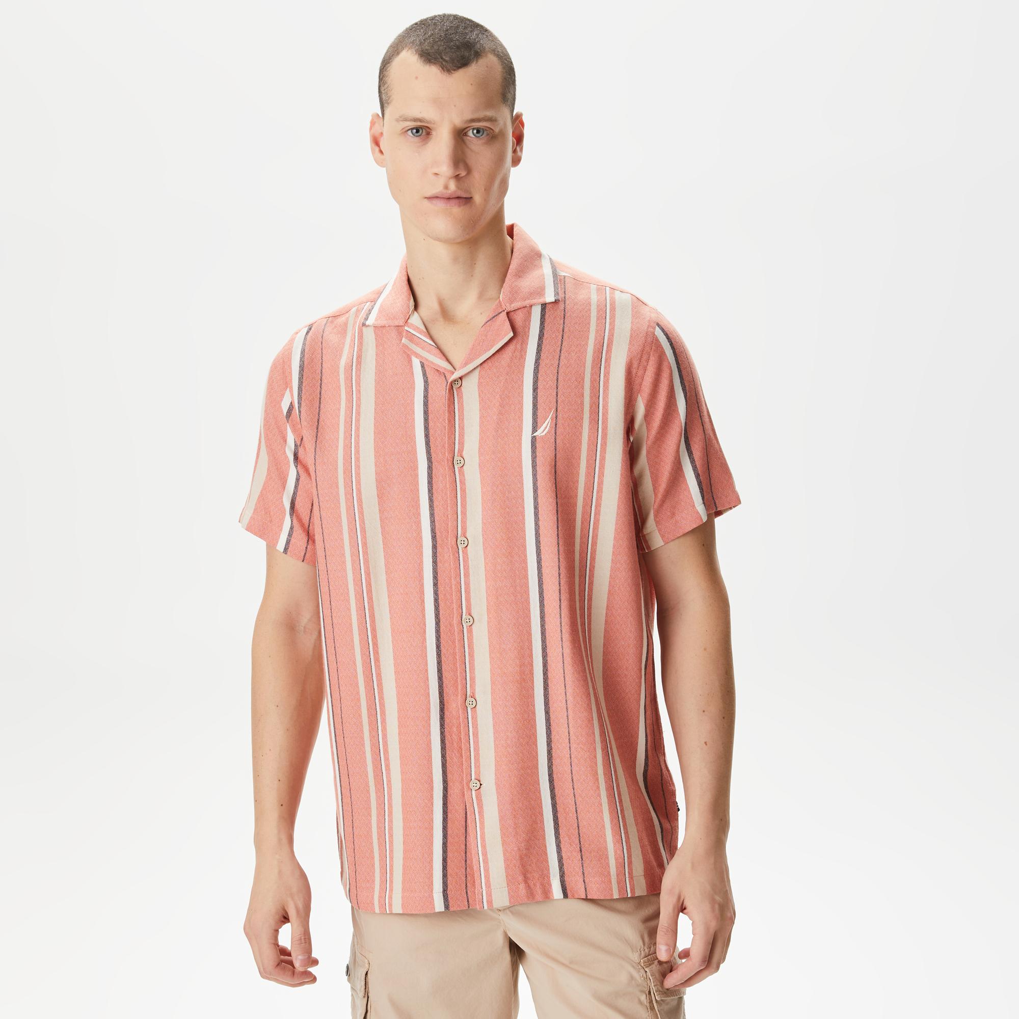 Nautica Erkek Turuncu Classic Fit Kısa Kollu Çizgili Gömlek