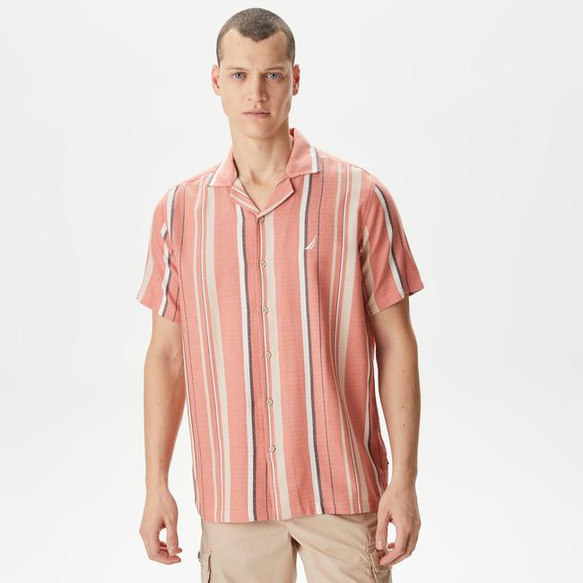  Nautica Erkek Turuncu Classic Fit Kısa Kollu Çizgili Gömlek