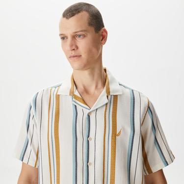  Nautica Erkek Kırık Beyaz Classic Fit Kısa Kollu Çizgili Gömlek