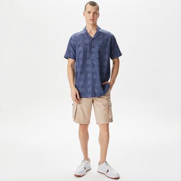  Nautica Erkek Lacivert Classic Fit Kısa Kollu Desenli Keten Gömlek