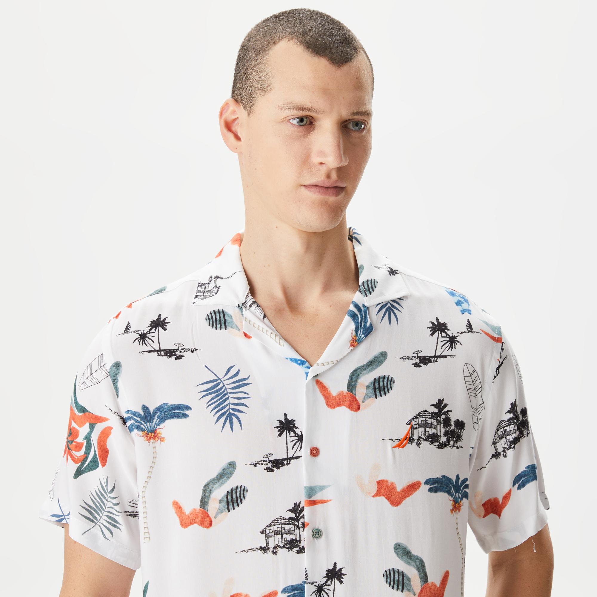 Nautica Erkek Beyaz Classic Fit Kısa Kollu Desenli Gömlek