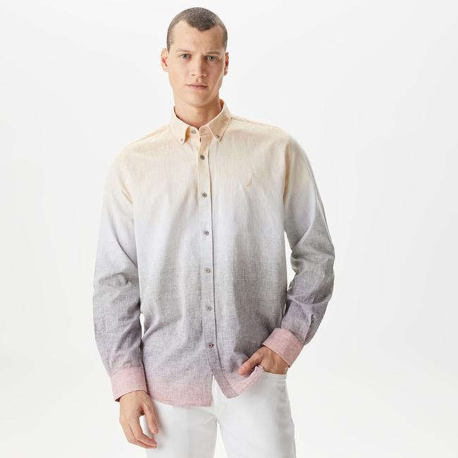  Nautica Erkek Bej Classic Fit Uzun Kollu Renk Bloklu Gömlek